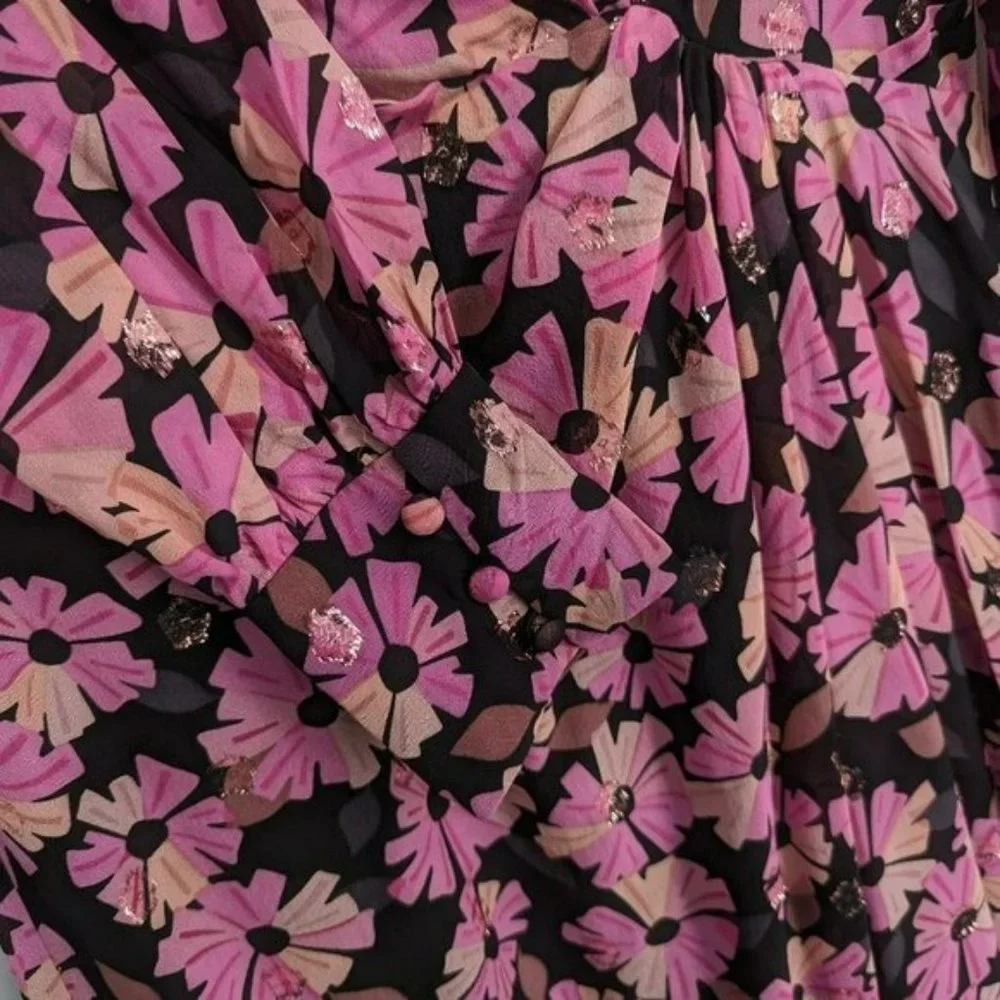Kate Spade Wallflower Midi Dress 2 Black Pink Metallic Silk Chiffon Long Sleeve